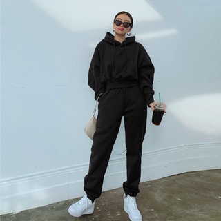 Women's Casual Solid Color Long Sleeved Hoodie Trousers Sweatershirt Sports Suit (1)