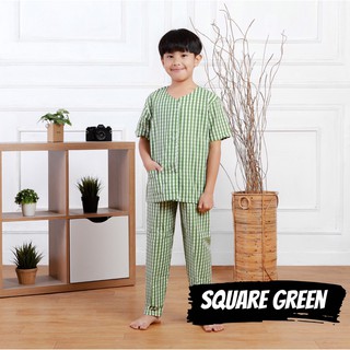 Piyama niños y niñas algodón 1-9 años, motivo cuadrado verde, brazo corto + pantalones largos