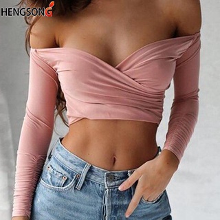 Lady Sexy Bodycon Crop Top blusa cuello en V camiseta Clubwear hombro fuera Tops