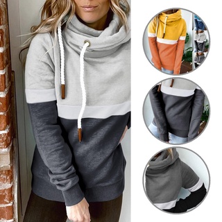 <COD> Autumn Winter Women Hoodie Contrast Color Ribbing Cuff Sweatshirt Turtleneck for Daily Wear