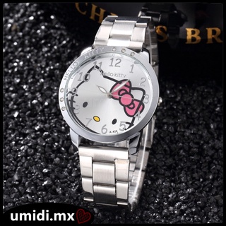 Reloj de pulsera de cuarzo de Hello Kitty con correa de acero inoxidable lujoso Casual para mujer