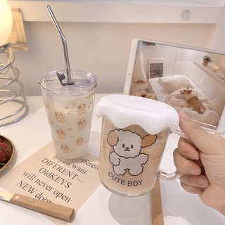nuevos productos Lindo cachorro taza de vidrio taza impresa de dibujos animados taza con mango taza de paja taza de leche de desayuno portátil taza de agua