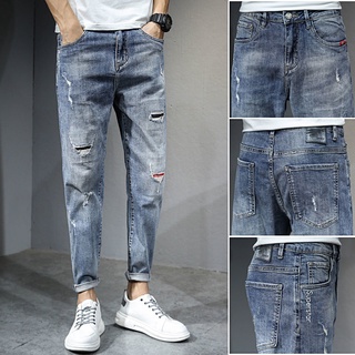 Ripped Jeans Hombres Primavera Moda Tobillo Longitud Pantalones Juventud Slim-Fit Leggings Todo-Partido C