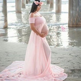 🤷‍♀️Las mujeres de la moda largo Maxi vestidos de gasa maternidad fotografía accesorios vestido fuera de los hombros oC6t