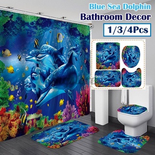 1/3/4pcs azul mar delfín impresión impermeable baño cortina de ducha antideslizante alfombra conjunto de pedestal alfombra cubierta de inodoro alfombra de baño cortinas de ducha para decoración de baño (1)
