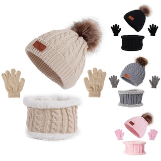 buyect 3 piezas de invierno cálido bebé color sólido sombrero guantes bufanda conjunto de bola de piel gorro gorra manopla bufandas kit para niños niñas niños de punto sombrero de dobladillo (3)