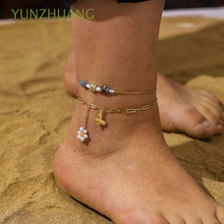 YUNZHUANG Korean Titanium Steel Anklet Adjustable Pearl Bracelet Female Ankle Chain Heart Charm Cool Double Layer Barefoot Chain Simple Butterfly/Multicolor