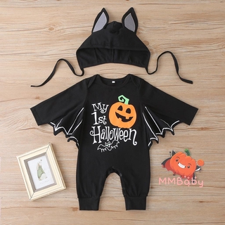 Mono negro con estampado De calabaza con cuello redondo y Manga De murciélago Para Halloween/bebés/niños (1)