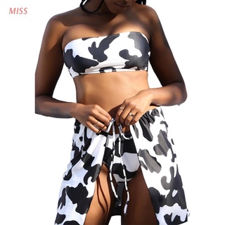 Sexy bikini miss Conjunto De 3 piezas con estampado De Vaca sin tirantes Push-Up con falda De playa