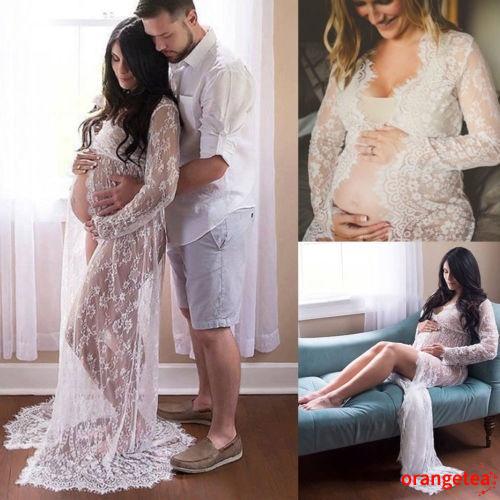 SK -Sexy mujeres embarazadas encaje Maxi vestido frontal Split maternidad vestido foto