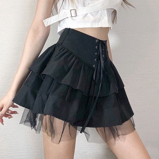 Retro Goth malla costura alta cintura burbuja falda chica caliente All-Match encaje-up figura favorecedor vestido de niveles (2)