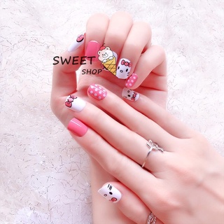 24pcs Popular Cute Pink Fake Nails Hello Kitty Short Candy Spots Strip Nails Tips with Designs Acrylic False Nail Art