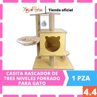 Casita rascadora para gato forrado 3 niveles con base madera medidas 50*38*70cm con caja individual color amarillo (1)