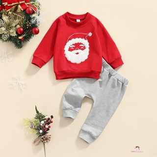 Xzq7-juego de navidad para niños lindo Santa Claus bordado Tops y pantalones largos de Color sólido