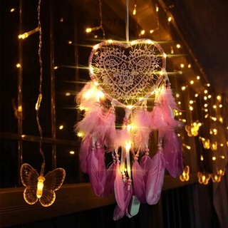 Mary'S Home store atrapasueños con cadena LED hueco aro en forma de corazón colgante plumas hechas a mano luz de noche colgante de pared decoración del hogar regalo
