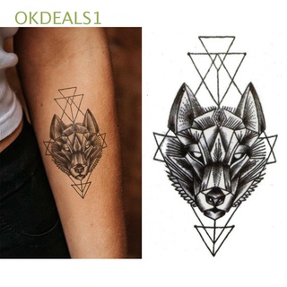 OKDEALS1 negro temporal tatuaje pegatina geometría lobo impermeable arte corporal diseño de moda 9x6cm venta caliente larga duración brazo pierna tatuaje