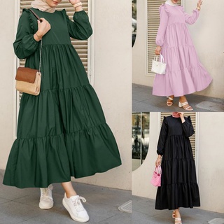 New style ruffled sleeves solid color round neck long dress sweet and cute pleated floral skirt ready stock women dress 连衣裙