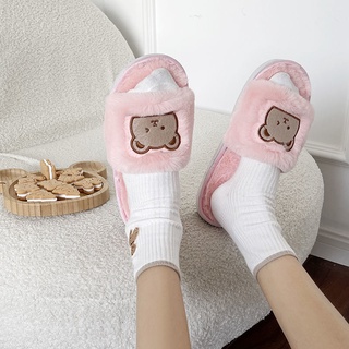 Zapatillas antideslizantes de lana de corazón de hadas para niña, diseño de oso de dibujos animados, zapatillas de algodón (5)
