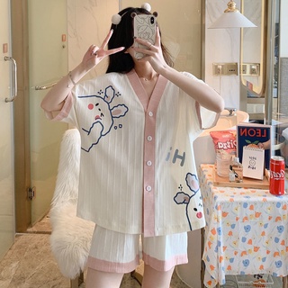 Pijama de verano para mujer traje de algodón de manga corta pantalones cortos lindo verano fresco Cardigan más tamaño prendas de vestir exteriores ropa de casa (1)