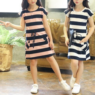 too Girls Leisure Dress Horizontal Stripes A Line Short Sleeve Elastic Dress for Outdoor
