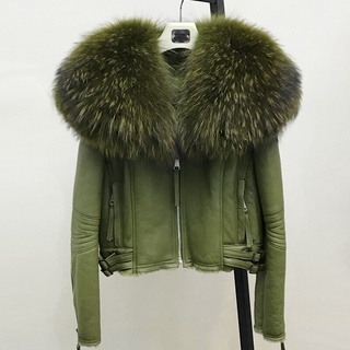 Abrigo de piel de oveja auténtica para mujer, chaqueta de piel de oveja Merina auténtica, abrigo Natural con Cuello de piel de mapache grande