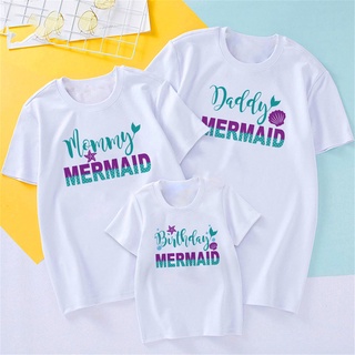 💖Ready Stock💖Daddy Mommy and Birthday Cartoon Mermaid Printed Family Matching T Shirts Drop Ship