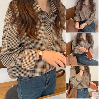 Girl's Blouse Retro Style Plaid Loose Cotton Long Sleeve Shirt for Summer