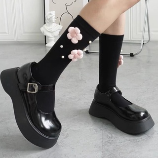 [Wedges] Little sun Mary Jane JK Uniforme Solo Zapato De Mujer Suela Gruesa Cabeza Grande Zapatos De Cuero Pequeños Marea Oscura (1)