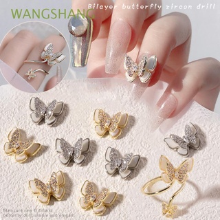 CHARMS wangshang 1pc diy uñas arte decoraciones brillantes 3d adornos de uñas mariposa uñas diamantes de imitación encantos bilayer mariposa circón taladro anillo delicado manicura accesorios