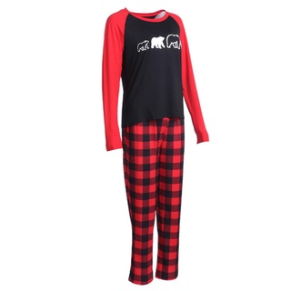 ✲Wq✦Padre-hijo de navidad pijamas traje, cuello redondo camiseta + cuadros pantalones largos/Patchwork body (7)