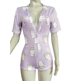 XZQ7-mujer de una pieza pijamas de manga corta cuello en V profundo impresión body ropa en casa (8)