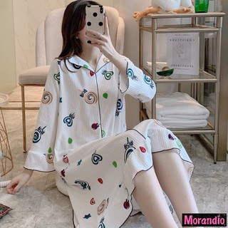 [en Stock] Morandio mujeres estilo fresco impreso camisón de manga larga ropa de dormir dulce encantador estilo ropa de dormir tamaño M, XXL más el tamaño pijamas de gran tamaño pijamas cómodo lindo (1)