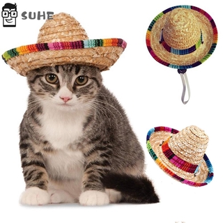 suhe colorido sombrero de paja mascota disfraz adornos de mascota mexicana gorra de paja gato hebilla perro suministros ajustable
