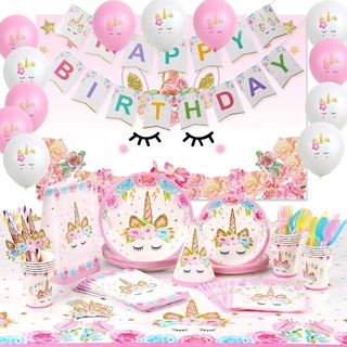 Tema de unicornio rosa para niños, niñas, fiesta de cumpleaños, vajilla desechable, platos de papel, papel de aluminio, vasos, globos, decoraciones, suministros (1)