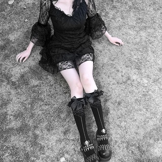 R-R mujeres gótico Halloween araña Web rodilla calcetines altos Lolita volantes encaje Bowknot negro medias Cosplay Hosiery Streetwear