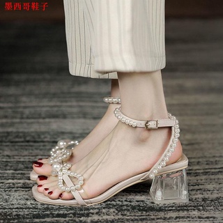 High-quality thick-heeled sandals female summer 2021 new Korean version of wild temperament pearl transparent fairy style high heels female