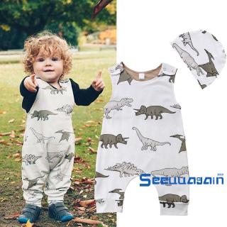 SEENewborn bebé bebé niño mameluco dinosaurio sin mangas mono Sunsuit ropa+ sombrero 2 piezas trajes (1)