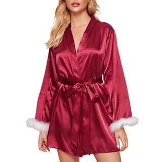 pauline-mujer manga larga ropa de dormir rojo v-cuello de cintura alta albornoz