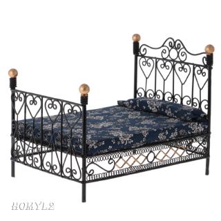 [HOMYL2] 1:12 casa de muñecas muebles de dormitorio cama doble europea con colchón de Metal