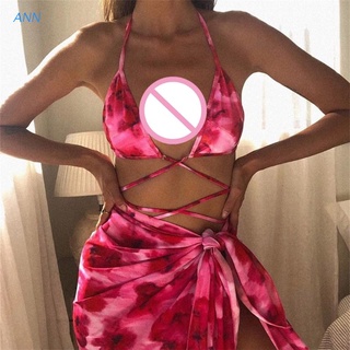 Ann 3pzas Conjunto De ropa De baño para mujer/bikini con tirantes con estampado Floral Tie-Dye