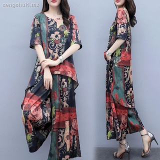 Retro imitation ice silk print suit female plus size skirt pants 2021 spring and summer loose short-sleeved mother s fashion two-piece suit
