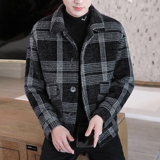 Abrigo a cuadros con solapa acolchada nuevo estilo coreano ajustado de lana abrigo de moda cálido otoño e invierno Chaqueta corta para hombre