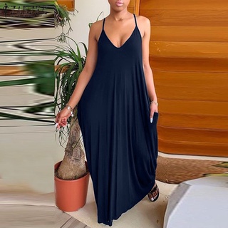 ZANZEA Women Casual Sleeveless V-Neck Solid Color Loose Spaghetti Strap Maxi Dress (5)