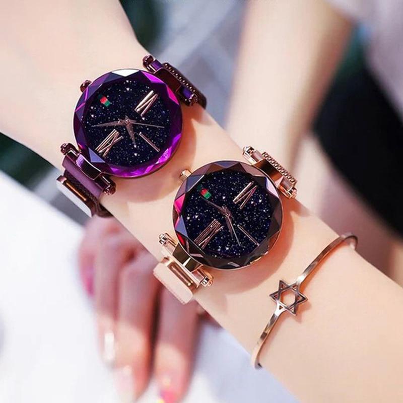 imán de lujo cielo estrellado reloj de oro rosa mujeres pulsera relojes