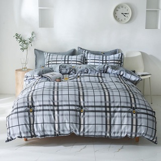 Juego de ropa de cama a cuadros Simple gris, doble tamaño, funda de edredón con sábana plana, funda de almohada