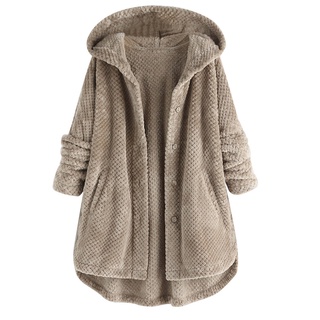 Más el tamaño de las mujeres de lana Irregular de manga larga botón bolsillo abrigo con capucha (1)