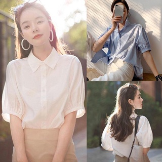 Shinee versión coreana simplicidad de las mujeres blusa estilo francés Retro sólido Turn-down cuello Casual burbuja manga blusa