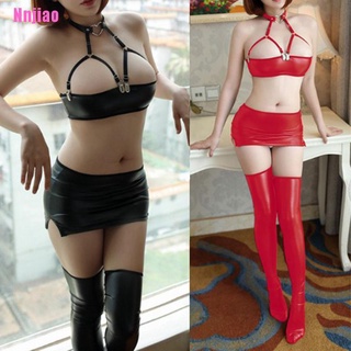 <Nnjiao> Y mujeres Pu cuero sintético Micro Mini falda sujetador Wet Look Clubwear ropa erótica
