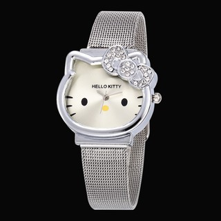Hello Kitty coreano acero inoxidable lindo de dibujos animados relojes de moda mujeres correa de malla reloj niñas Casual reloj regalo listo Stock
