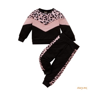 qw niños leopardo impresión conjunto de ropa, niñas contraste color manga larga o-cuello